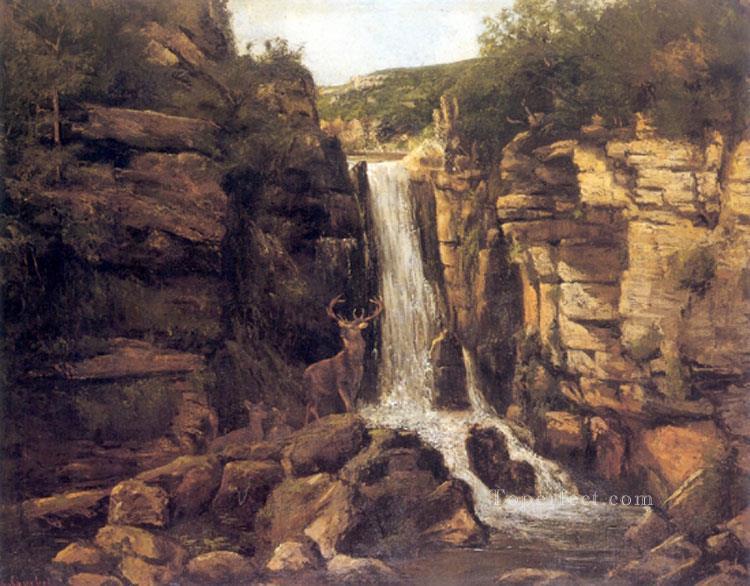 Paisaje con paisaje de cascada de ciervo Gustave Courbet Pintura al óleo